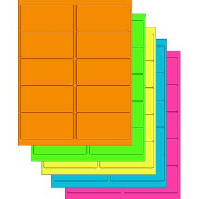 NextDayLabels - Assorted Fluorescent Labels | 5 Colors - Green, Orange, Blue, Yellow and Pink | 5 Sheets of Each Color | 4"x 2" - 10 Per Page | 250 Labels