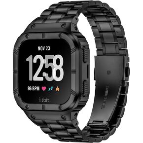 Stainless Steel Watch Band with Case Compatible for Fitbit Versa 4/Versa 3/ Versa 2/Versa/Fitbit Versa Lite/Fitbit Sense 2/Sense Bands, Rugged Protective Bumper Metal Wristbands for Men