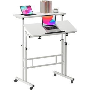 SogesPower 23.6 inches 2 Spacious Platforms Mobile Laptop Desk Adjustable Side Table Computer Stand for Bed Sofa, White