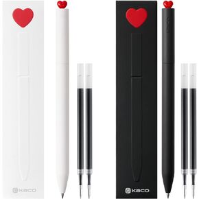 Kaco FIRST Gel Pens, Pack of 2 Pieces Cute Stationery Heart Pen Set with Extra 4 Black Refills Quick Drying Holiday Office Supplies (2 Colors)