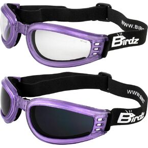 2 Pairs of Birdz Eyewear Cardinal Women's Purple Padded Motorcycle Goggles Super Dark & Clear Lenses