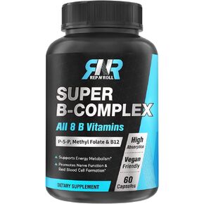 Super B Complex, 8 Bioactive B Vitamins, with Methyl Folate, Methyl B12, P-5-P (Vitamin B6), D-Biotin, Niacinamide, High Absorption, Non GMO, Energy Production Support, 60 Vegan Caps