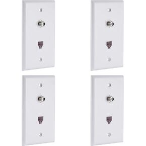GE Coaxial and Telephone Wall Plate, 4 Pack, 1 F-Type Coax Connector, 1 Telephone Line, White, Single Gang, Coax, Phone, Installation Hardware Included, 46089