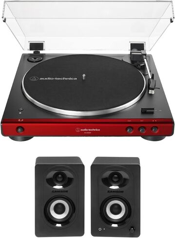 حزمة مشغل صوت ستيريو أوتوماتيكي بالكامل بتقنية البلوتوث AT-LP60XBT من Audio-Technica (أحمر) مع شاشات استوديو بلوتوث - زوج (عنصران) in Saudi Arabia