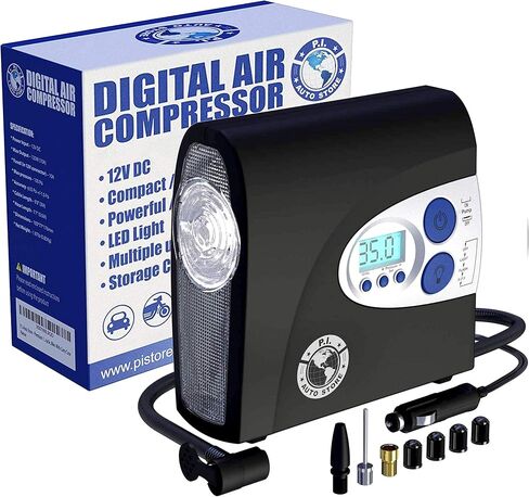 PI Auto Air Compressor - Portable, 12V, Digital Tire Inflator w/Pressure Gauge, Auto-Shut Off and LED Light to Pump Bike or Car Tires and Camping Equipment in Saudi Arabia