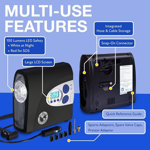 PI Auto Air Compressor - Portable, 12V, Digital Tire Inflator w/Pressure Gauge, Auto-Shut Off and LED Light to Pump Bike or Car Tires and Camping Equipment in Saudi Arabia