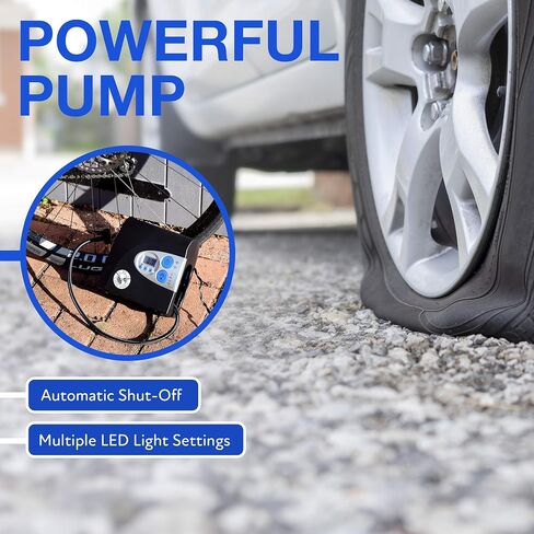 PI Auto Air Compressor - Portable, 12V, Digital Tire Inflator w/Pressure Gauge, Auto-Shut Off and LED Light to Pump Bike or Car Tires and Camping Equipment in Saudi Arabia