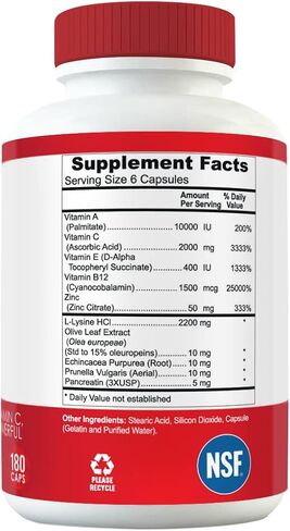 HRPVA Cold Sore Clear Skin Immune Support Supplements Vitamins Canker Sore Treatment L-lysine Olive Leaf, Pancreatin, B12 Vitamin C, B-Complex, Prunella Vulgaris, Vitamin E, ECHI in Saudi Arabia