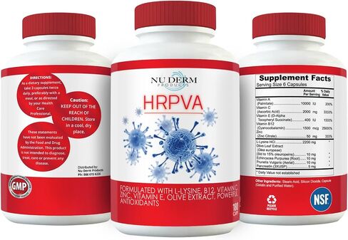 HRPVA Cold Sore Clear Skin Immune Support Supplements Vitamins Canker Sore Treatment L-lysine Olive Leaf, Pancreatin, B12 Vitamin C, B-Complex, Prunella Vulgaris, Vitamin E, ECHI in Saudi Arabia