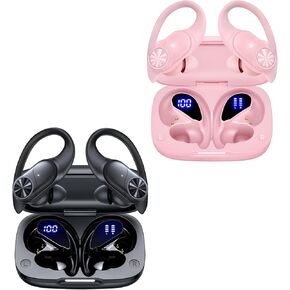2 Sets Bluetooth Headphones Wireless Earbuds 80hrs Playtime Wireless Charging Case Sports Ear buds with Earhook Premium Deep Bass IPX7 Waterproof Over-Ear Earphones for TV Phone Laptop Black and Pink