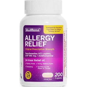 ValuMeds 24-Hour Allergy Medicine (100-Count) Fexofenadine HCl Tablets | Non-Drowsy Antihistamine | Pollen, Hay Fever, Dry, Itchy Eyes, Allergies | Kids, Adults (Compare to Allegra Tablets)