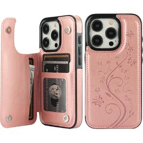 Vaburs Compatible with iPhone 15 Pro Case Wallet with Card Holder,Embossed Butterfly Pattern PU Leather Double Buttons Flip Protective Shockproof Cover for Magnetic Car Mount 6.1 Inch (Rose Gold)