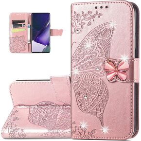 Wallet Case for Samsung Galaxy A14, Butterfly Pattern PU Leather Case with Magnetic Clasp and Cash Card Holder Cover for Galaxy A14, Rhinestone Blue