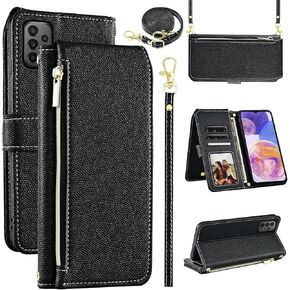 Luxury Wallet Case for Samsung Galaxy A32 5G 2021 6.5 inch with Wrist Strap Shoulder Strap Flip Zipper Purse Card Holder Stand Cell Phone Cover for M32 G5 A 32 32A S32 SM-A326U A326U Pink