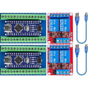 2pcs Pre-Soldered Nano V3.0 Board with Expansion Board and Type-C Cable + 12V 2 Channel Relay Module for Arduino