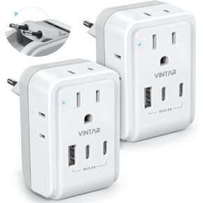 2 Pack Type E F Travel Plug Adapter, VINTAR Germany France Plug Adapter with 4 Outlets 3 USB Ports(2USB C), South Korea Outlet Adapter, Schuko Power Adaptor for US to Europe Spain Greece Iceland Korea