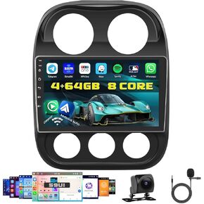 8-Core 4+64G Android Car Stereo Screen for Jeep Compass Patriot 2010-2016 Radio Upgrade, 10.1'' Touch Screen with Wireless CarPlay Android Auto, Bluetooth, GPS Navigation, AHD Backup Camera
