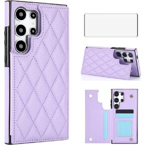 Asuwish Phone Case for Samsung Galaxy S24 Ultra 5G Wallet Cover with Tempered Glass Screen Protector and Leather RFID Card Holder Stand Cell Accessories S24Ultra 24S S 24 24Ultra Women Men Purple