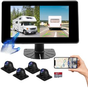RV Backup Camera System AI WiFi GPS 7 inch Touch Screen Monitor Vehicle Recording with 4 Pieces 1080P Rear Side View Waterproof Camera Live View on APP/Web/PC for Camper RV Truck Trailer Tractor Fleet
