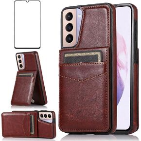 Phone Case for Samsung Galaxy S21 Plus Glaxay S21+ 5G with Tempered Glass Screen Protector and Credit Card Holder Wallet Cover Stand Leather Cell Gaxaly S21+5G S21plus 21S + S 21 21+ G5 Cases Blue