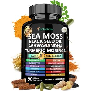 Sea Moss Black Seed Oil Ashwagandha Ginger Capsules. Sea Moss Capsules with Black Seed Oil, Ashwagandha, Turmeric, Moringa, Bladderwrack, Burdock Root, Manuka Honey, Cinnamon. 18-in-1 20’445 mg/Serv