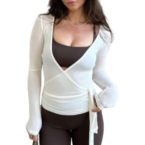 Women Wrap Top Long Sleeve Deep V Neck Cross Tie Workout Ballet Pilates Yoga Shirt
