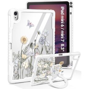 for iPad mini 7 A17 Pro 2024/Mini 6 2021 Case 8.3 Inch - Women Girls Cute with Stand & Pencil Holder Cover Girly Floral Pretty Design Protective Hard Funda for iPad mini 7th/6th Gen