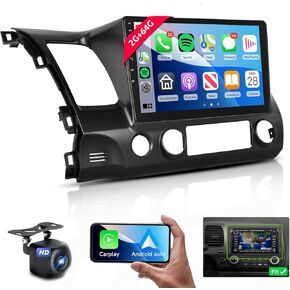 Podofo 2G 64G Car Stereo for Honda Civic 2006-2011 Radio (for GPS Screen) Wireless CarPlay Android Auto MirrorLink, 10.1inch HD IPS Touch Screen Bluetooth GPS 16EQ 28UIs WiFi SWC Backup Camera Mic