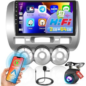 [2G+64G] Android 13 Car Radio for Honda Fit 2004-2010, Wireless Carplay/Android Auto/HiFi, 9'' Touch Screen Bluetooth Stereo Upgrade for Honda Fit SWC GPS WiFi + AHD Backup Camera