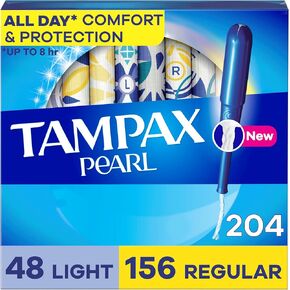 Tampax Pearl Tampons Multipack, Light/Regular Absorbency, With Leakguard Braid, Unscented, 34 Count x 6 Packs (204 Count total)