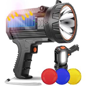 YIERBLUE Rechargeable Spotlight Flashlight with Solar Panels, 1000,000 High Lumen Outdoor Handheld Spot Lights and Flood Light, Foldable Stand and 3 Colors Lenses for Boating Hunting and Camping