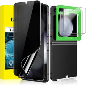 [2Set 4PCS] QUESPLE Privacy Screen Protector for Samsung Galaxy Z Flip 5, 2 Pack Privacy Inner Flexible TPU Film+2 Pack Back Tempered Glass Screen Protector with Alignment Tool, Self-Healing, Scratch Resistant