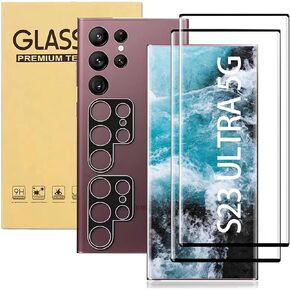 [2+2Pack] Galaxy S23 Ultra Screen Protector Tempered Glass + Camera Lens [9H Hardness][Compatible Fingerprint] 3D Curved HD Clear Glass Film for Samsung Galaxy S23 Ultra Screen Protector (6.8")