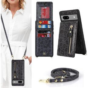 for Google Pixel 7a Case with Card Holder and Strap - Zipper Pocket,Crossbody Lanyard Strap,Credit Card Holder,Cute Phone Wallet Case for Women - Black