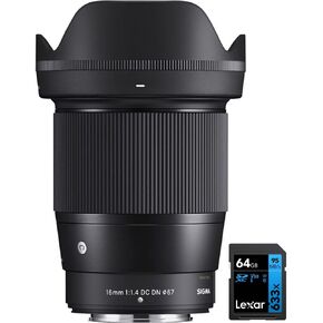 Sigma 402975 16mm f/1.4 DC DN Contemporary Lens for FUJIFILM X Bundle with Lexar Professional 633x 64GB UHS-1 Class 10 SDXC Memory Card