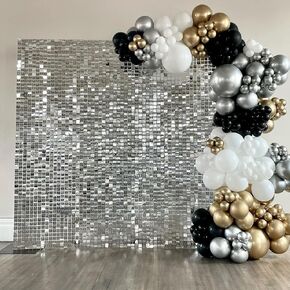 Silver Shimmer Wall Backdrop 24PCS Silver Square Sequin Shimmer Backdrop Panel Disco Glitter Background for Wedding, Birthday Party, Bridal Shower Stage Decoration