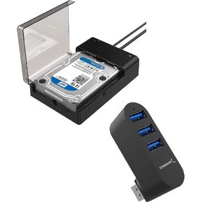 Premium 3 Port Aluminum Mini USB 3.0 Hub [90°/180° Degree Rotatable]+USB 3.0 to SATA External Hard Drive Lay Flat Docking Station for 2.5 or 3.5in HDD, SSD