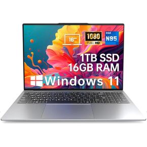 2025 أحدث جهاز كمبيوتر محمول 16 '' FHD Display ، 1TB SSD 16GB RAM ، 12th Intel Processor N95 (MAX 3.4GHz) ، Windows 11 ، لوحة مفاتيح الإضاءة الخلفية ، بطارية 8000 مللي أمبير في الساعة ، بصمات الأصابع ، WiFi5 ، Type-C ، HDMI ، Bluetooth ، WebCam
