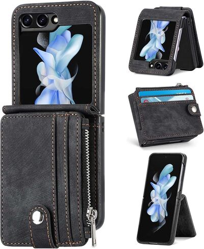 حالة محفظة ZcDaye لـ Samsung Galaxy Z Flip 5 Case ، Samsung Z Flip 5 (2023) Case ، Samsung Galaxy Z Flip 5 Case مع حامل بطاقة قابلة للإزالة - أسود in Kuwait