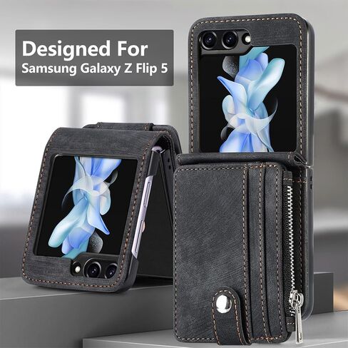 حالة محفظة ZcDaye لـ Samsung Galaxy Z Flip 5 Case ، Samsung Z Flip 5 (2023) Case ، Samsung Galaxy Z Flip 5 Case مع حامل بطاقة قابلة للإزالة - أسود in Kuwait