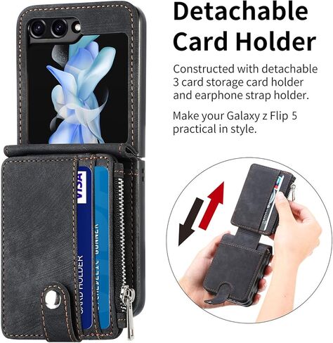 حالة محفظة ZcDaye لـ Samsung Galaxy Z Flip 5 Case ، Samsung Z Flip 5 (2023) Case ، Samsung Galaxy Z Flip 5 Case مع حامل بطاقة قابلة للإزالة - أسود in Kuwait
