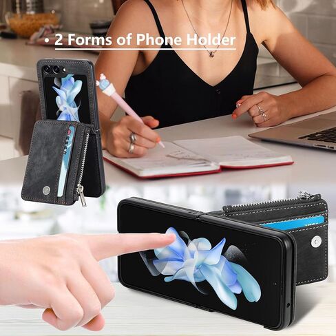 حالة محفظة ZcDaye لـ Samsung Galaxy Z Flip 5 Case ، Samsung Z Flip 5 (2023) Case ، Samsung Galaxy Z Flip 5 Case مع حامل بطاقة قابلة للإزالة - أسود in Kuwait