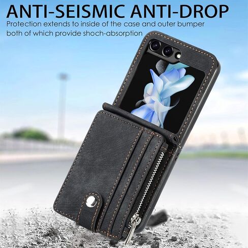 حالة محفظة ZcDaye لـ Samsung Galaxy Z Flip 5 Case ، Samsung Z Flip 5 (2023) Case ، Samsung Galaxy Z Flip 5 Case مع حامل بطاقة قابلة للإزالة - أسود in Kuwait