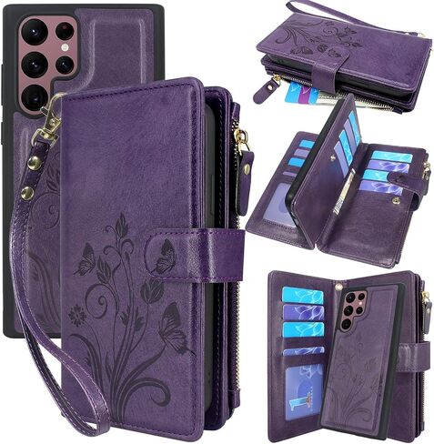 Lacass for Samsung Galaxy S22 Ultra Case [12 Card Slots] ID Credit Cash Holder Zipper Pocket Detachable Magnet Leather Wallet Cover Wrist Strap Lanyard (Floral Wine Red) in Saudi Arabia