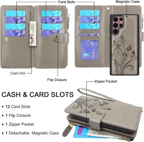 Lacass for Samsung Galaxy S22 Ultra Case [12 Card Slots] ID Credit Cash Holder Zipper Pocket Detachable Magnet Leather Wallet Cover Wrist Strap Lanyard (Floral Wine Red) in Saudi Arabia