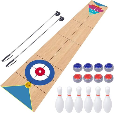 Shuffleboard, Curling and Bowling 3 in 1 Board Game Set,with 8.98 Foot Game Mat,2 Cues,8 Curling Rocks,6 Bowling Pins,Fun Family Game in Kuwait