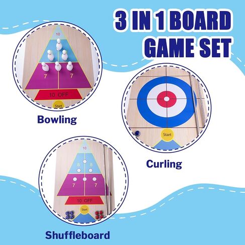 Shuffleboard, Curling and Bowling 3 in 1 Board Game Set,with 8.98 Foot Game Mat,2 Cues,8 Curling Rocks,6 Bowling Pins,Fun Family Game in Kuwait