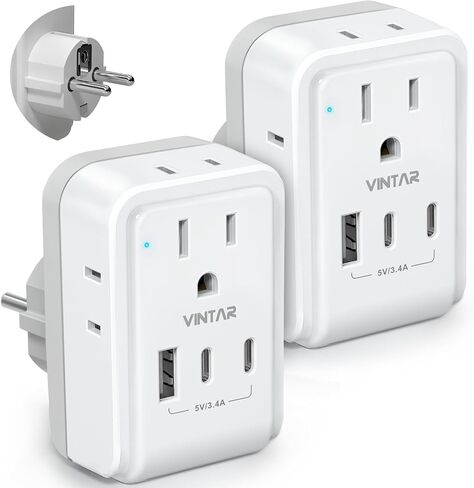 2 Pack Type E F Travel Plug Adapter ، Vintar Germany France Plug Adapter مع 4 منافذ 3 منافذ USB (2USB C) ، محول منفذ كوريا الجنوبية ، محول السلطة Schuko لنا إلى أوروبا إسبانيا اليونان كوريا كوريا in Kuwait