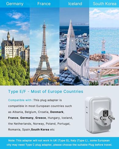 2 Pack Type E F Travel Plug Adapter ، Vintar Germany France Plug Adapter مع 4 منافذ 3 منافذ USB (2USB C) ، محول منفذ كوريا الجنوبية ، محول السلطة Schuko لنا إلى أوروبا إسبانيا اليونان كوريا كوريا in Kuwait