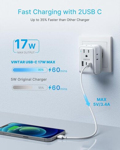 2 Pack Type E F Travel Plug Adapter ، Vintar Germany France Plug Adapter مع 4 منافذ 3 منافذ USB (2USB C) ، محول منفذ كوريا الجنوبية ، محول السلطة Schuko لنا إلى أوروبا إسبانيا اليونان كوريا كوريا in Kuwait